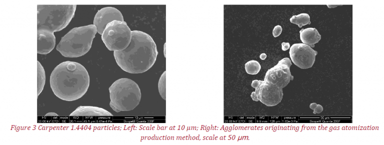 Carpenter 1.4404 particles ; left - Scale bar at 10 µm; right - Agglomerates originating from the gas atomization production method, scale at 50 µm